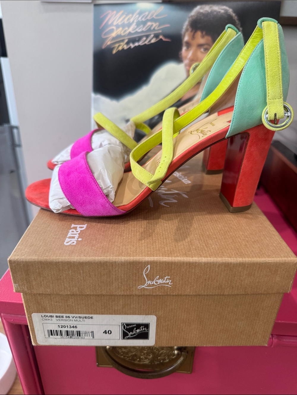 Christian Louboutin Multicolor Suede Block Heels - Pink, Green, Red, Yellow